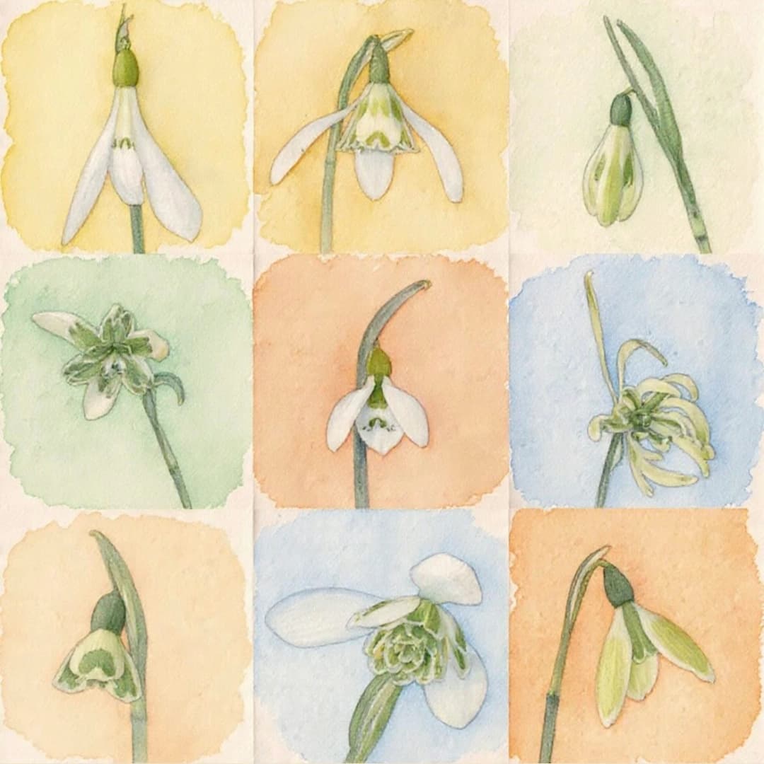 Greetings Card - Green & White Snowdrops Watercolour Effect - Natural (Free P&P)