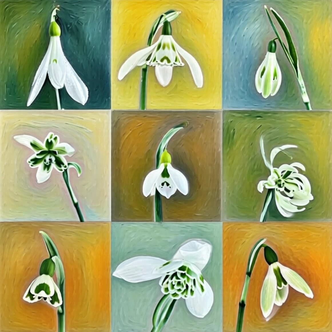 Greetings Card - Green & White Snowdrops Oil Painting Effect - Cream (Free P&P)