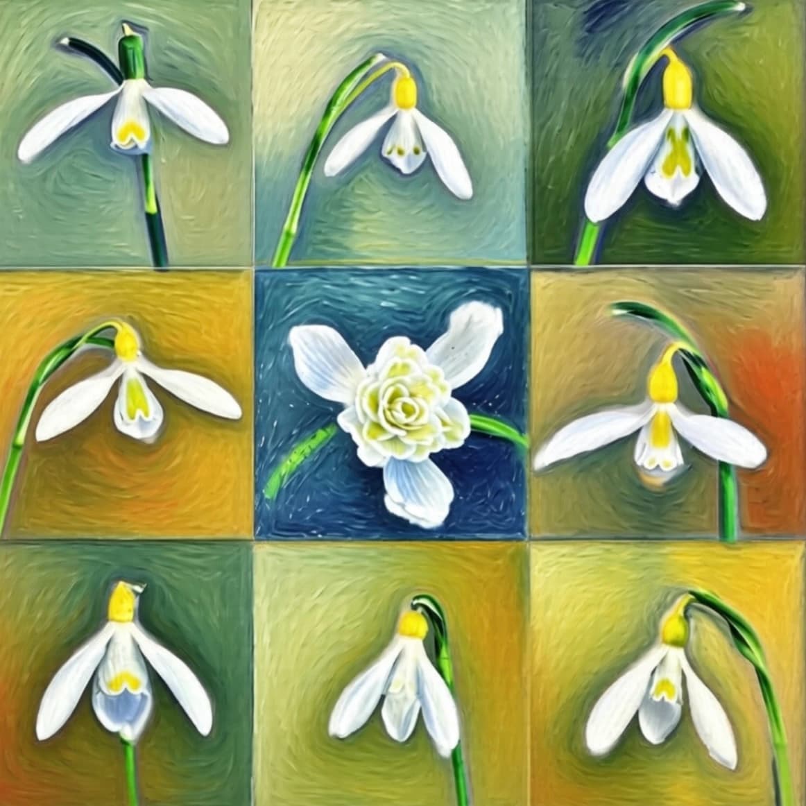 Greetings Card - Yellow & White Snowdrops Oil Painting Effect - Cream (Free P&P)